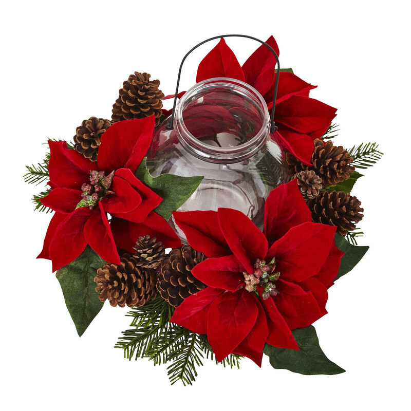 Nearly Natural 18-in Poinsettia, Pine & Pine Cone Candelabrum