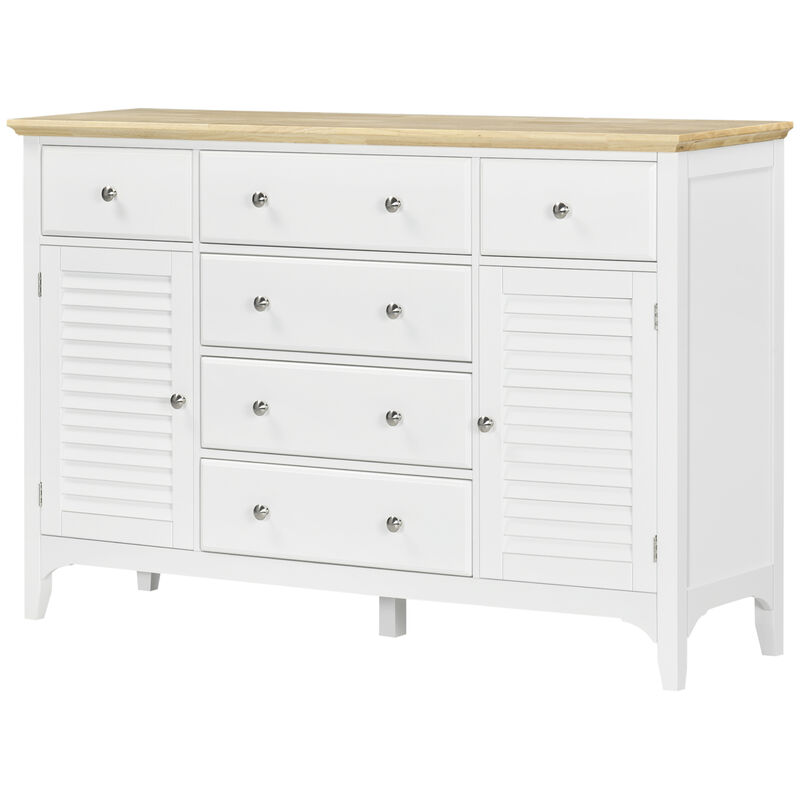 HOMCOM Sideboard Buffet Cabinet with Storage Drawers, Rubber Wood Top and Adjustable Shelves, Kitchen Cabinet Coffee Bar Cabinet, White