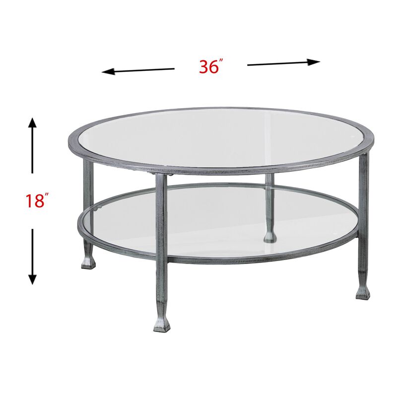 Homezia 36" Silver Glass And Metal Round Coffee Table