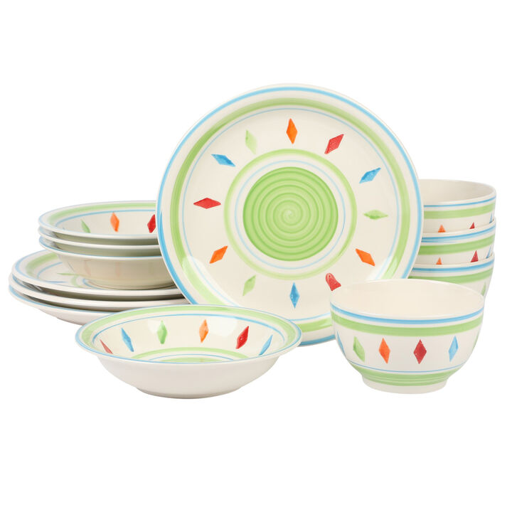 Gibson Home Heidy 12 Piece Hand Painted Durastone Dinnerware Set in Green