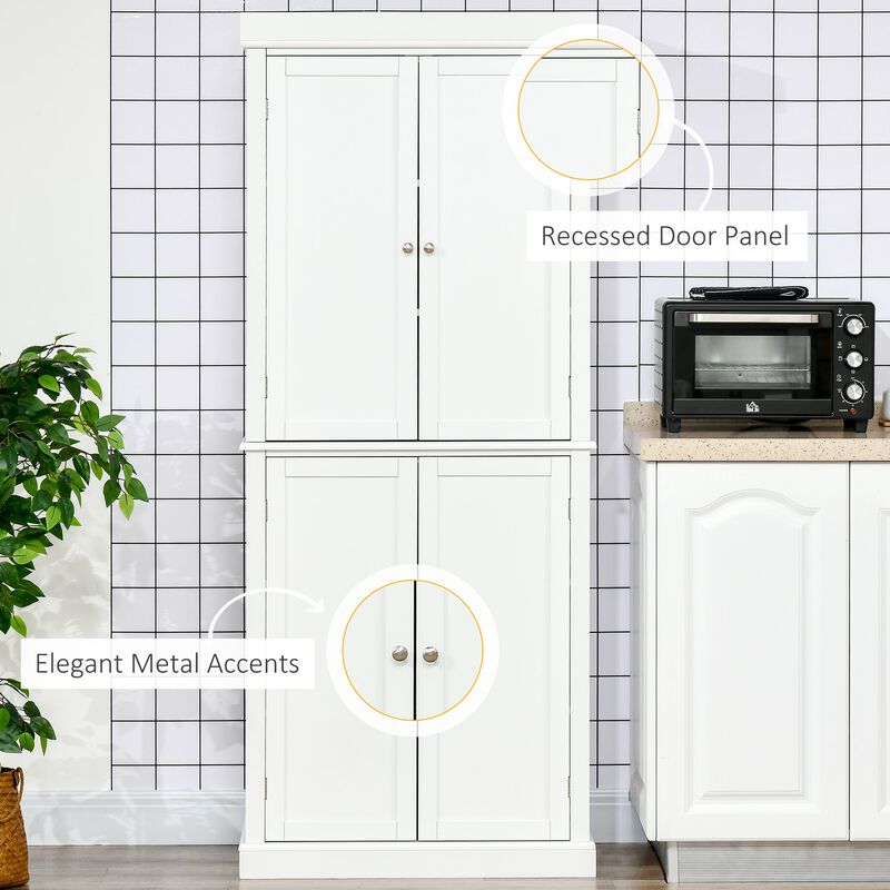 White Kitchen Cabinet: 72" Tall Pantry with 4 Doors & Shelves