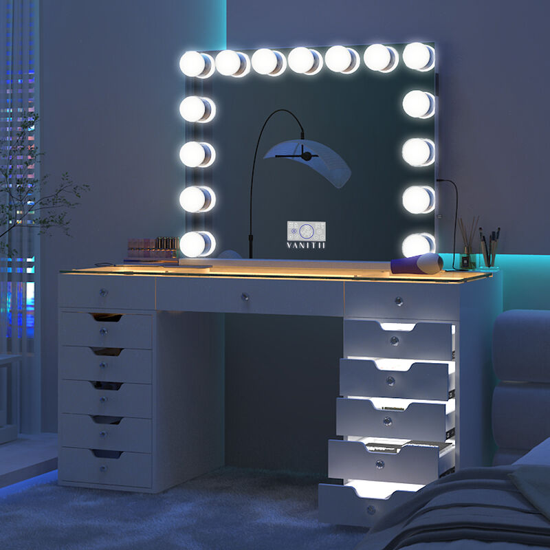 VANITII 13 Drawers Modern Makeup Vanity Desk Dressers with  Lights for Bedroom White Finish with 15 LED Bulbs Mirror