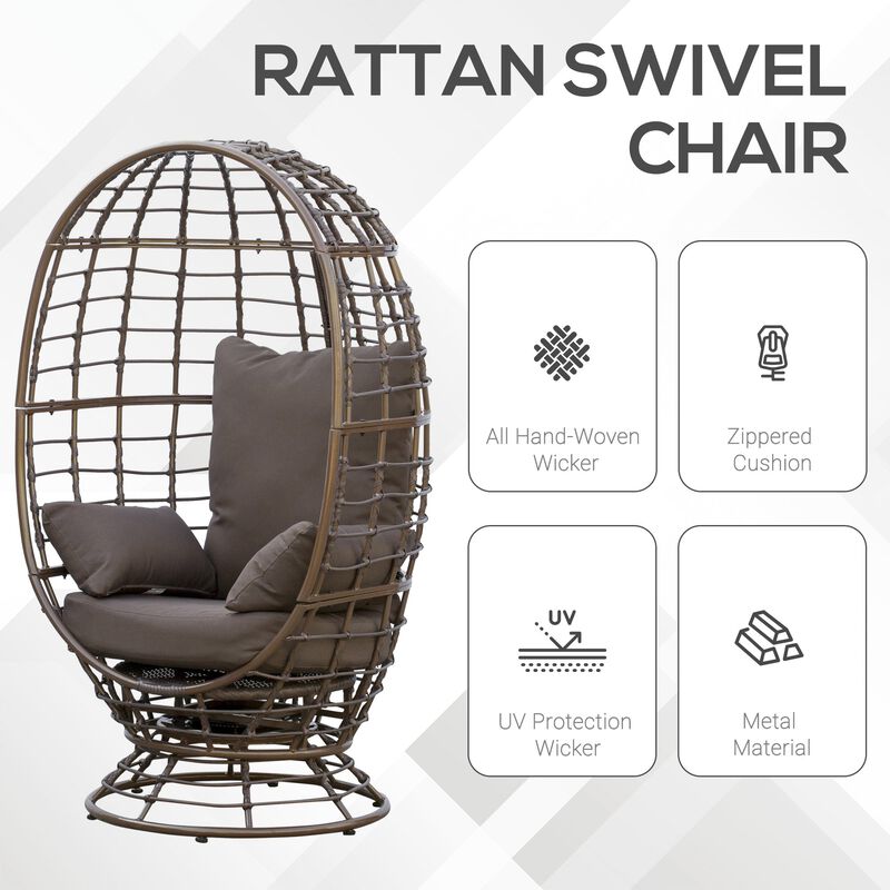 Boho Egg Chair: Brown Rotating Basket Seat, Indoor/Outdoor with Cushion and Pillows