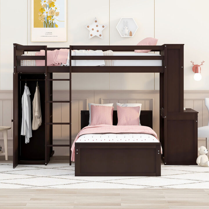 Twin size Loft Bed with a Stand-alone bed, Shelves, Desk, and Wardrobe-White