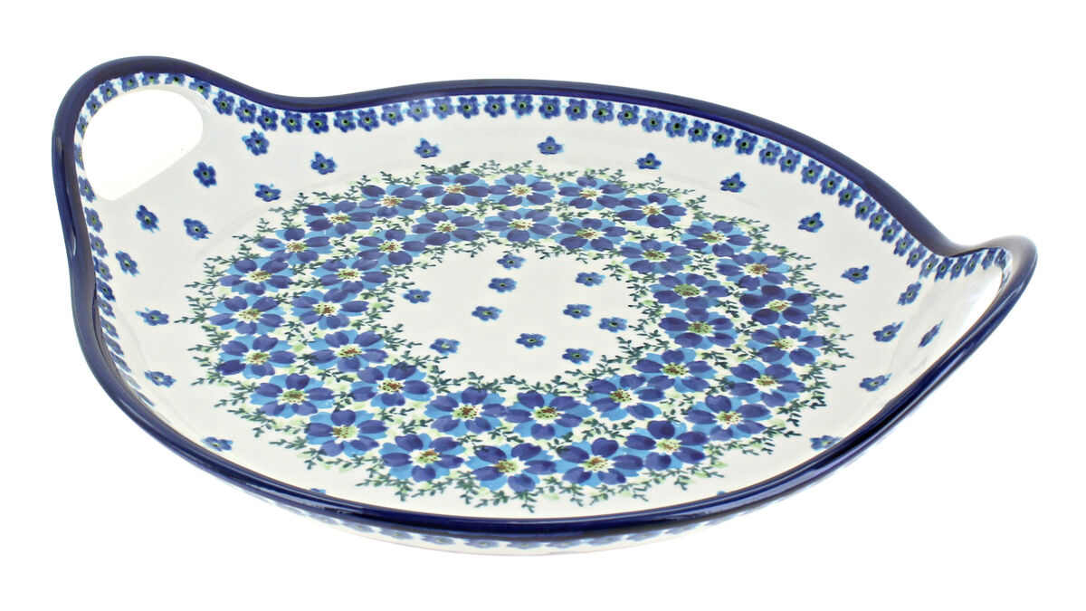 Blue Rose Polish Pottery Blue Tulip Round Serving Tray with Handles