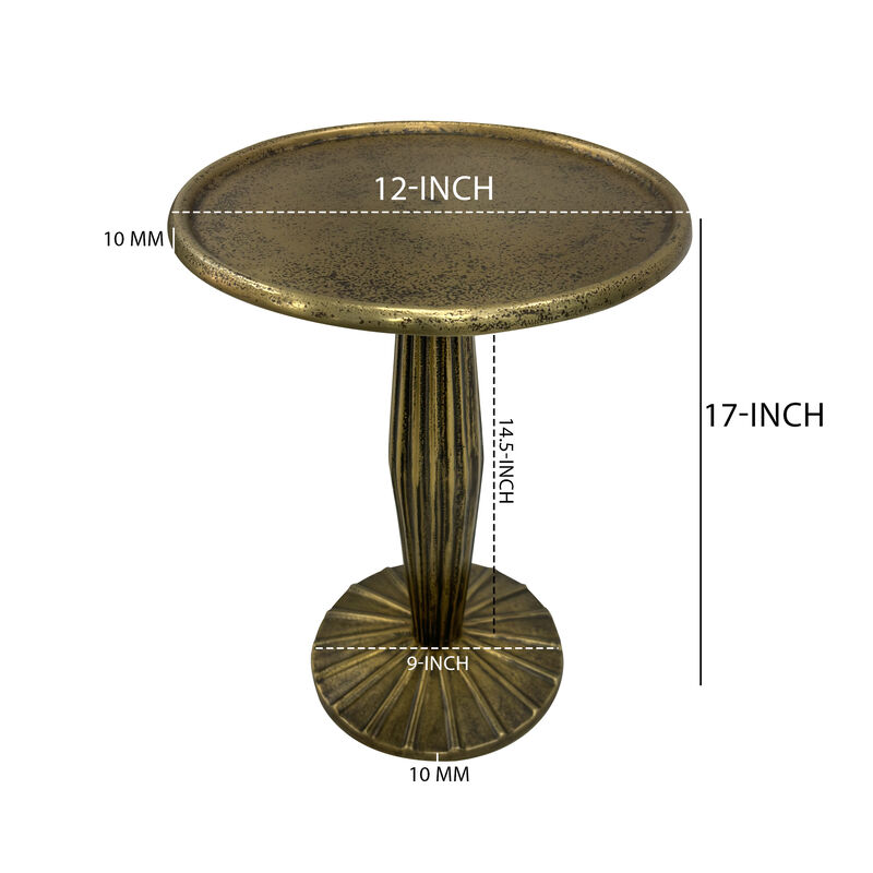 12 Inch Side End Drink Table, Fancy Fluted Base, Round Top, Antique Brass