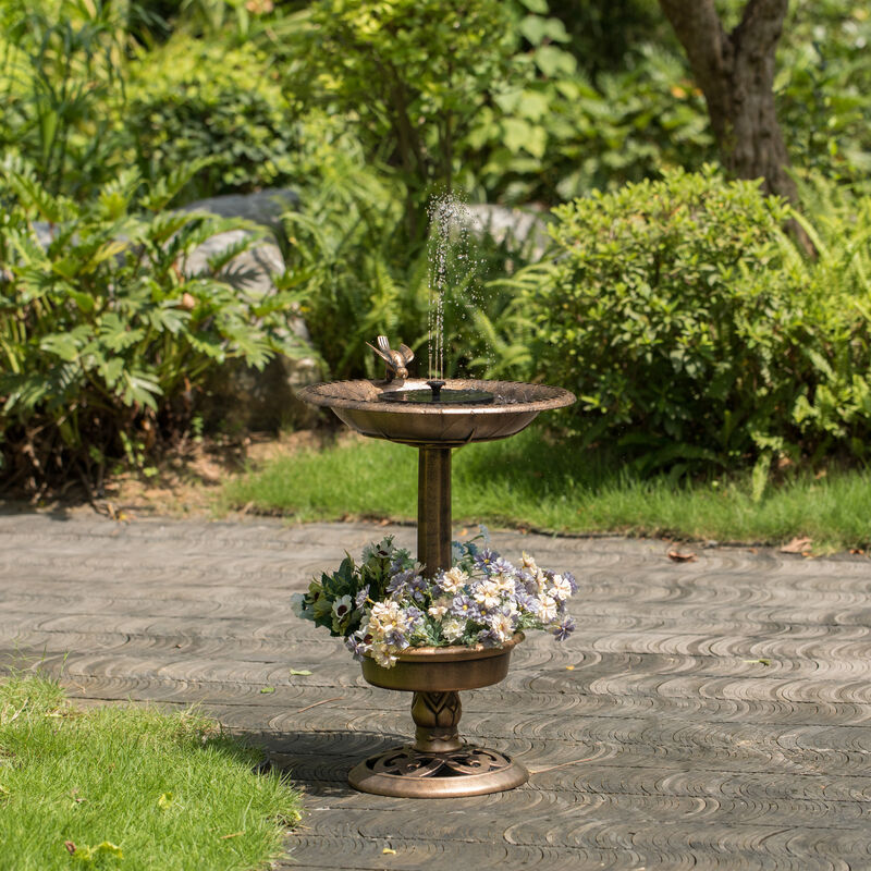 Outdoor Garden Bird Bath and Solar Powered Round Pond Fountain with Planter Bowl, Copper