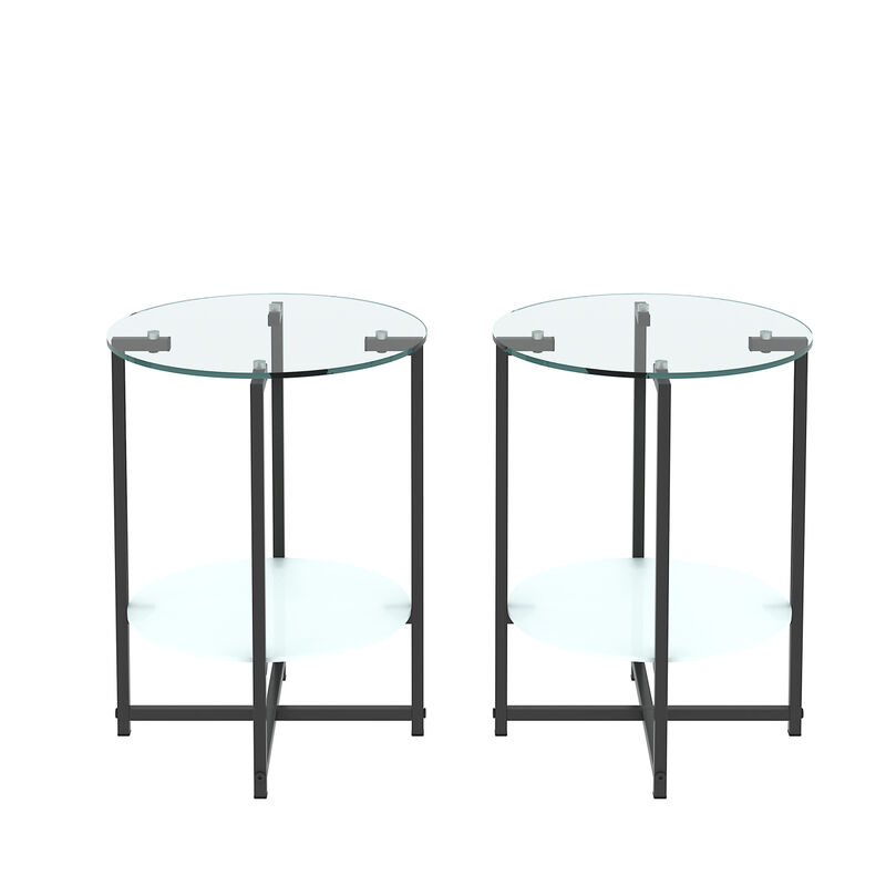 2-piece set (Clear) Tempered Glass End Table, Round Coffee Table for Bedroom Living Room Office
