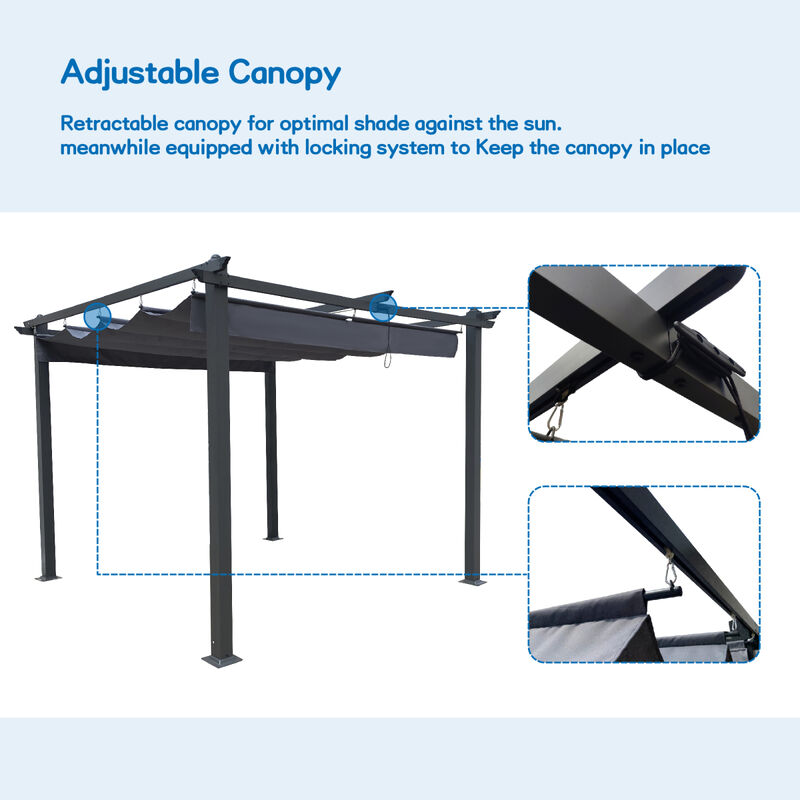 10x10 FT Outdoor Patio Retractable Pergola With Canopy For Gardens, Terrace