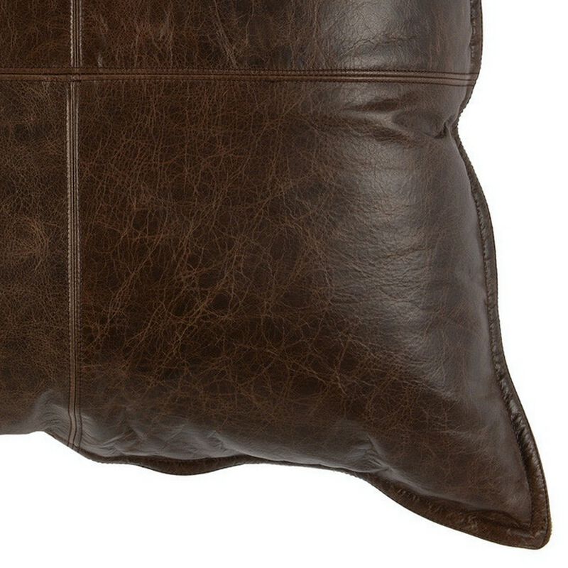 Square Leatherette Throw Pillow with Stitched Details, Dark Brown-Benzara