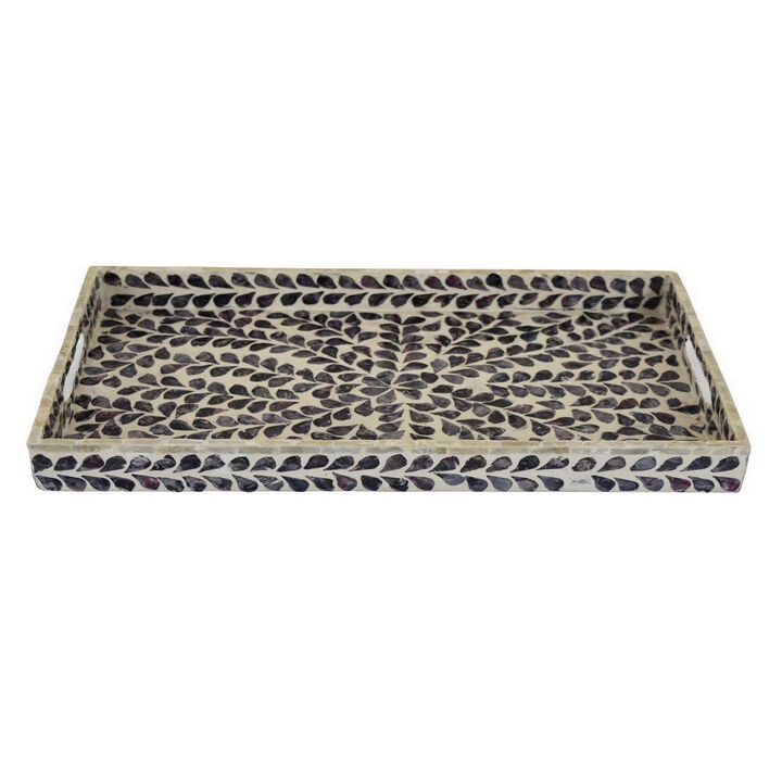 18 Inch Decorative Serving Tray, Rectangular Fern Pattern Purple White Wood - Benzara