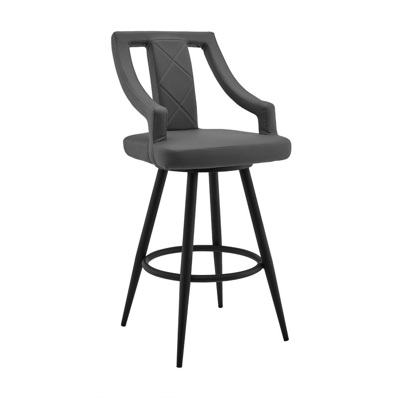 Maxen Gray Faux Leather and Black Metal Swivel Bar Stool
