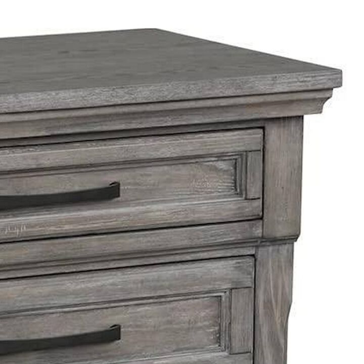 Demi 29 Inch Wood Nighstand with 3 Drawers, Metal Bar Handles, Oak Gray - Benzara