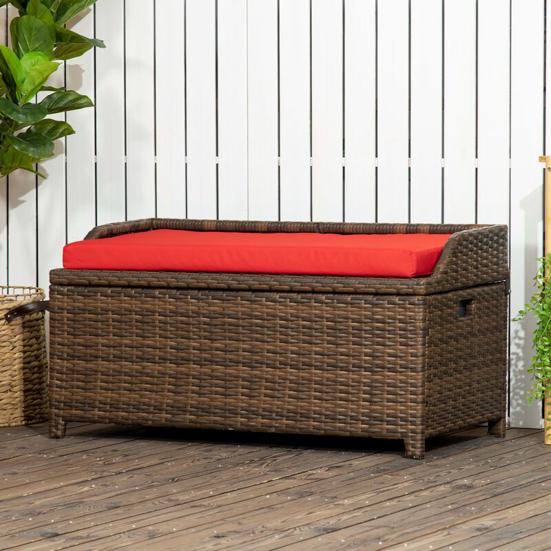 Outsunny Patio Wicker Storage Bench, Cushioned Outdoor PE Rattan Patio Furniture, Air Strut Assisted Easy Open, Two-In-One Seat Box with Handles Seat, Red