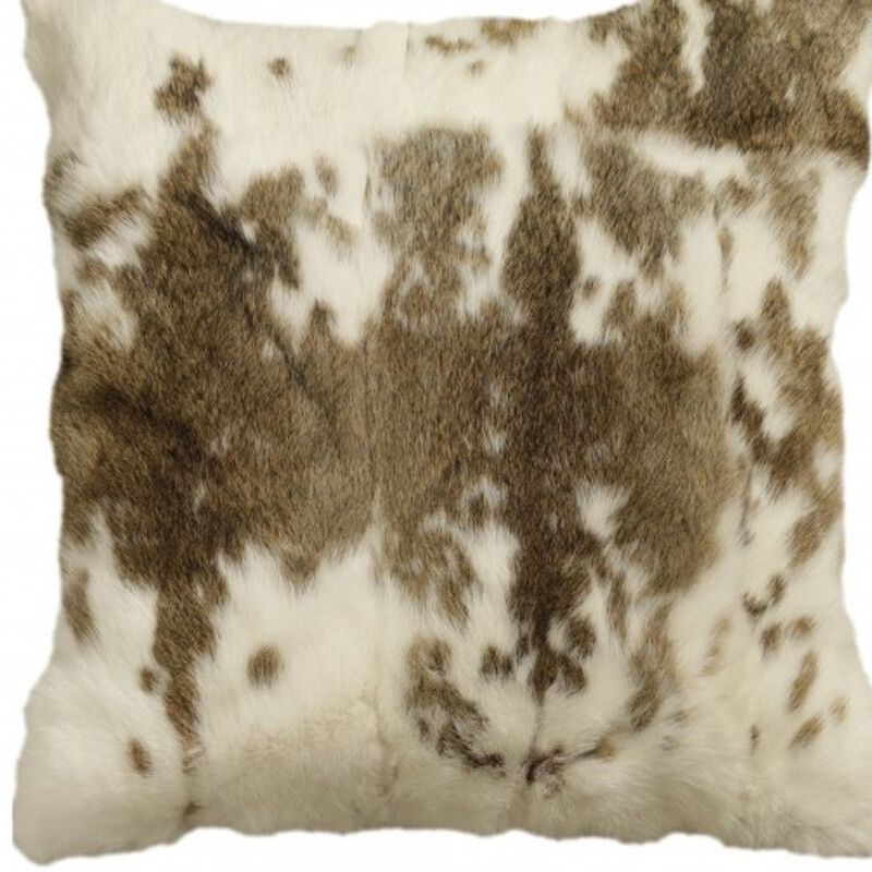 Homezia 18" X 18" Brown And White Rabbit Zippered Natural Fur Animal Print Throw Pillow