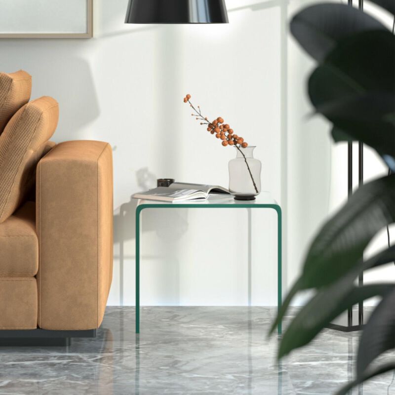 Tempered Glass End Table with Waterfall Edges and Non-Slip Pad