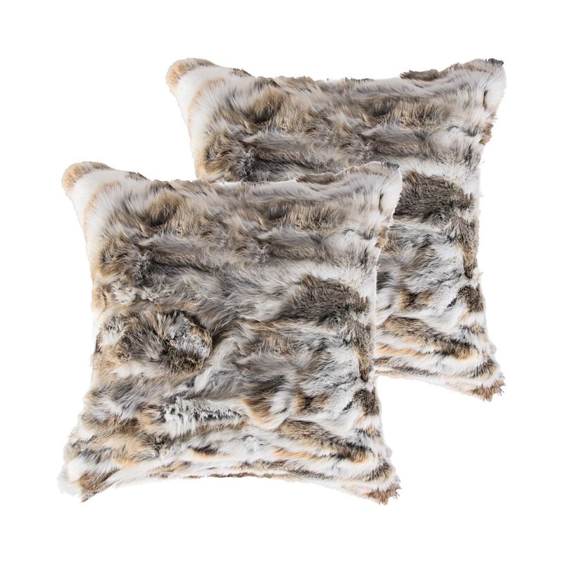 Homezia Set Of Two 18" X 18" Tan And White Rabbit  Natural Fur Animal Print Throw Pillows