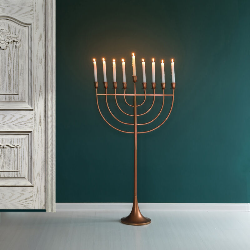 Modern Solid Metal Judaica Hanukkah Menorah 9 Branched Candelabra, Copper Finish Large