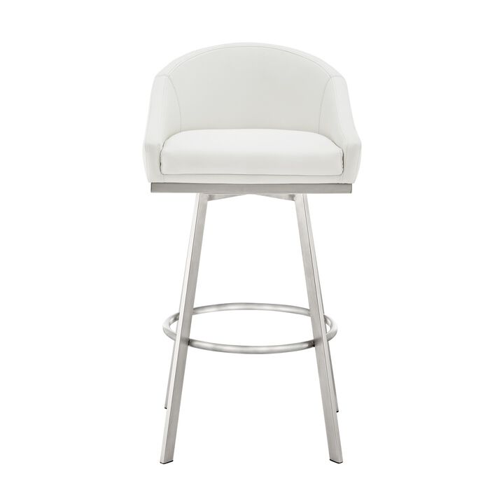 Dalza 26 Inch Swivel Counter Stool Chair, Cushioned, White Faux Leather - Benzara