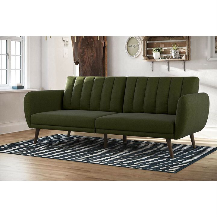 Linen Upholstered Futon Sofa Bed with Mid Century Style Wooden Legs