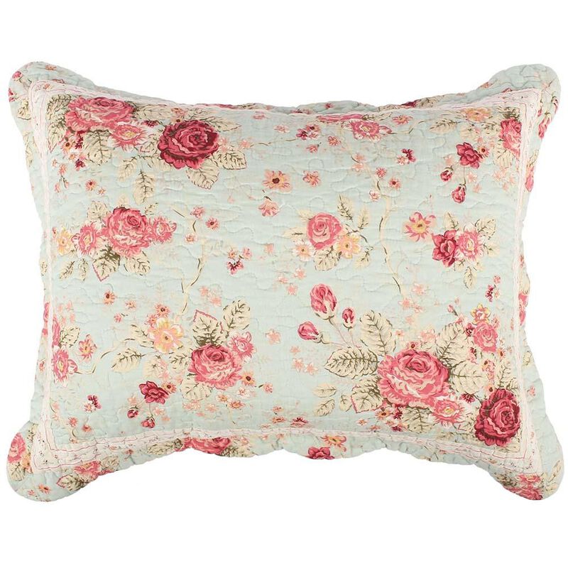 Greenland Home Antique Rose Floral Pinstripe with Dainty Scrolling Embellishments Sham Standard Blue