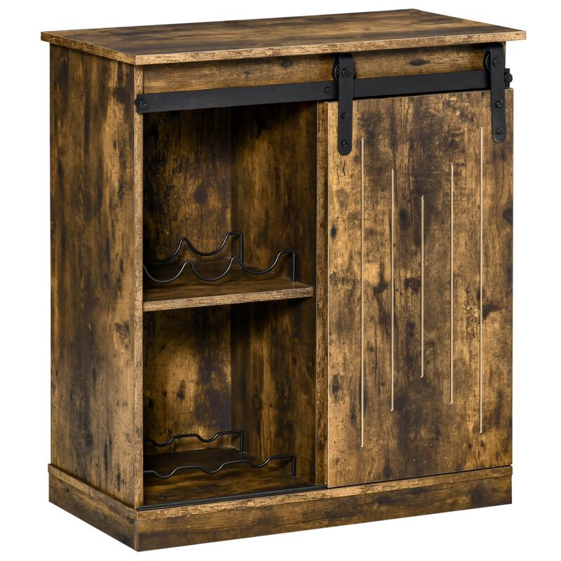 Industrial Sideboard Storage Cabinet, Serving Bar Buffet with Sliding Barn Door and 6-Bottle Wine Rack, Brown