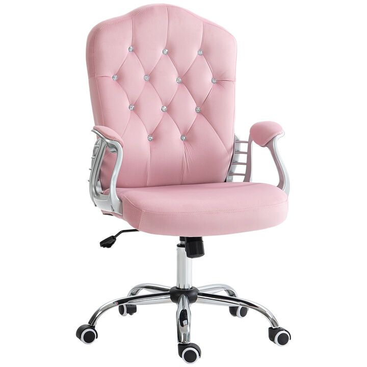 Vinsetto Home Office Chair, Velvet Computer Chair, Button Tufted Desk Chair with Swivel Wheels, Adjustable Height, and Tilt Function, Pink