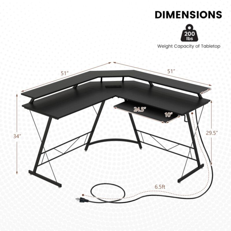 Hivvago L-shaped Computer Desk with Power Outlet and Monitor Stand