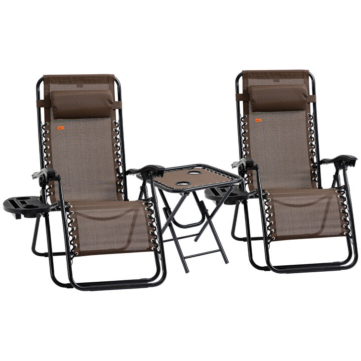 Outsunny Zero Gravity Chair Set with Side Table, Folding Reclining Chair with Cupholders & Pillows, Adjustable Lounge Chair for Pool, Backyard, Lawn, Beach, Brown