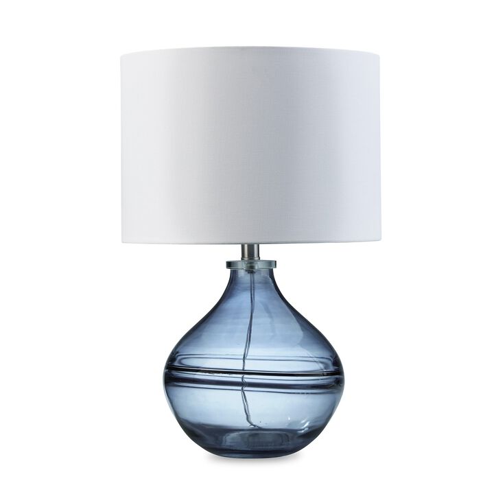 Amie 22 Inch Table Lamp, White Drum Shade Drop Style Blue Glass Base, Metal - Benzara