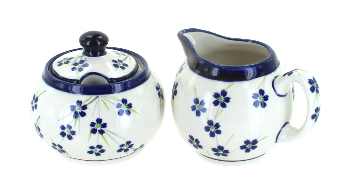 Blue Rose Polish Pottery Bed of Flowers Sugar & Creamer Set