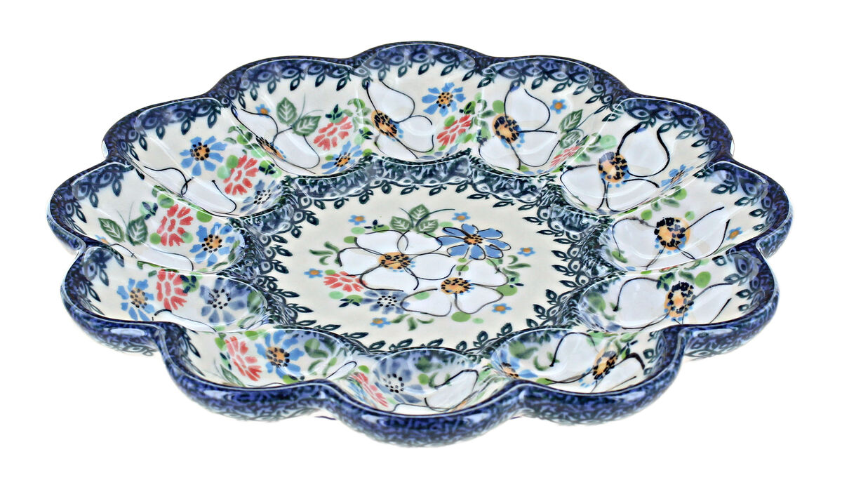 Blue Rose Polish Pottery Summer Picnic Egg Plate