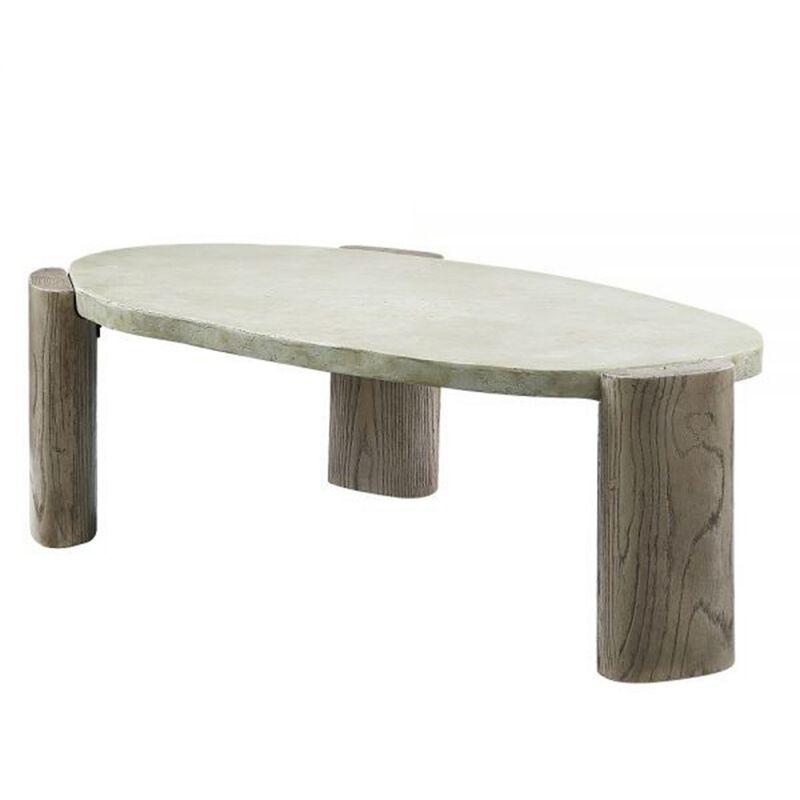 47 Inch Coffee Table, Oval Shape Cement Top, Smooth Gray and Oak Brown - Benzara