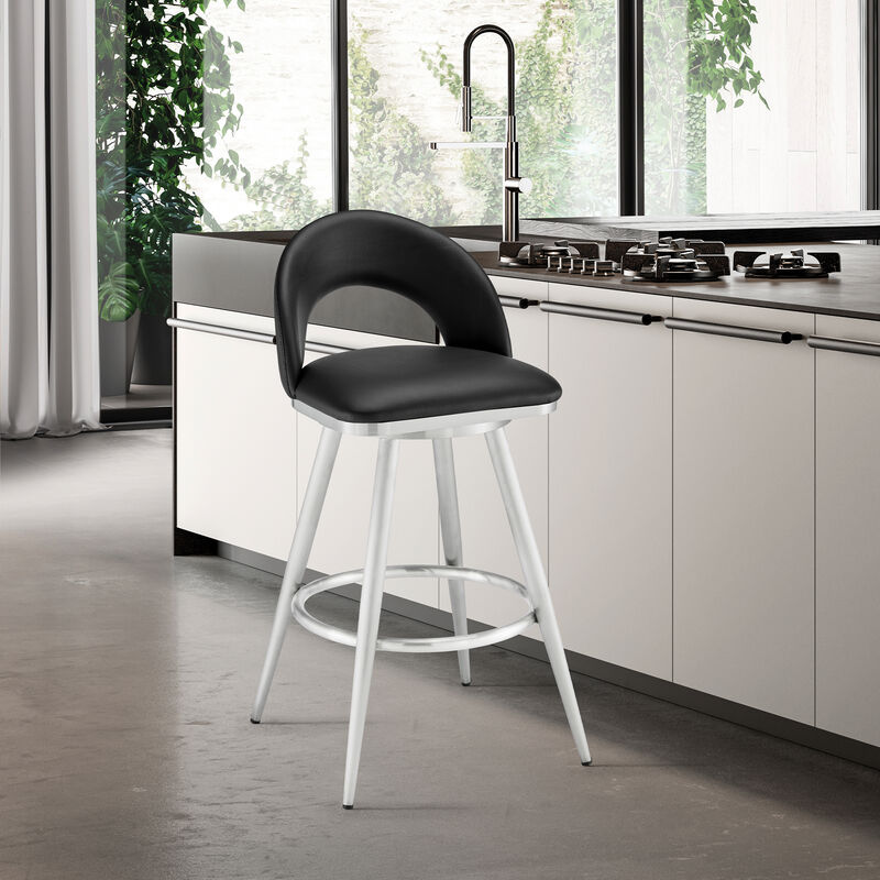 Lottech Swivel Stool in Brushed Stainless Steel with Black Faux Leather