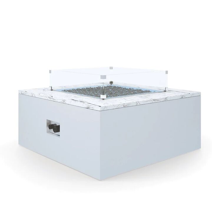 White Carrara Marble Square Fire Table w/ Glass Surround