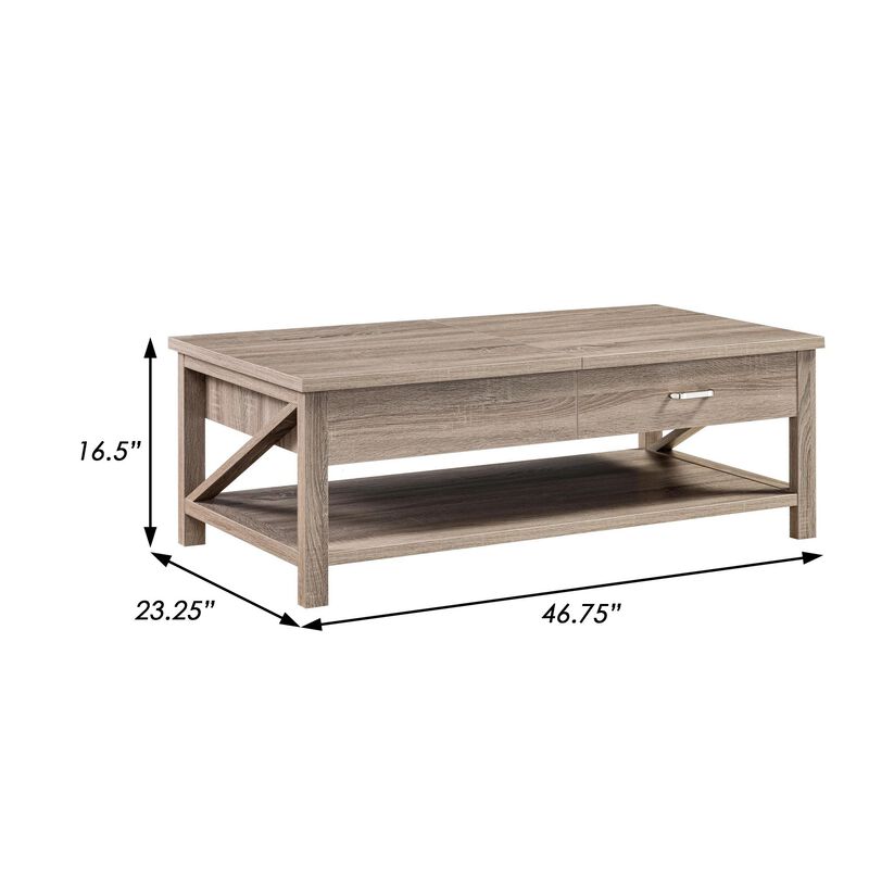 47 Inch Modern Coffee Table, Half Lift Top, Hidden Storage, Taupe Finish-Benzara