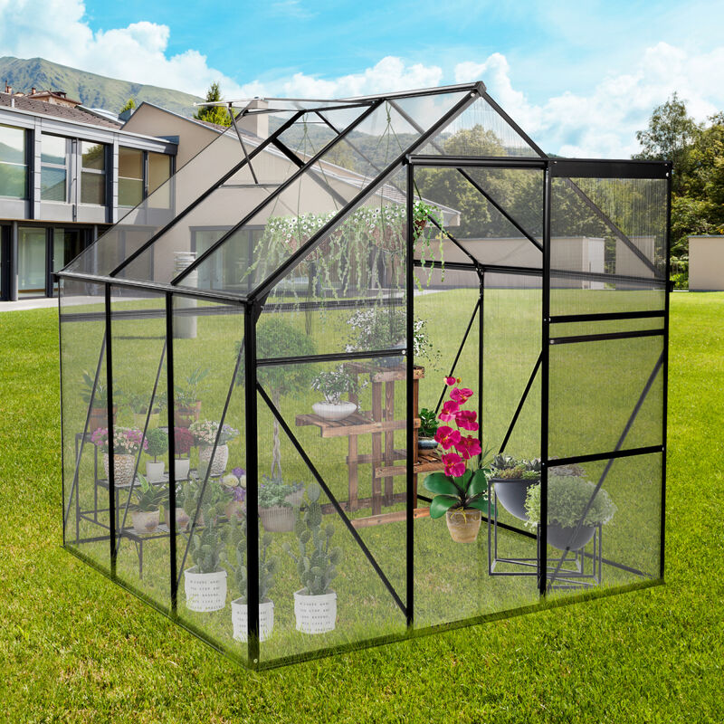 6X6FT-BLACK Polycarbonate Greenhouse Raised Base and Anchor Aluminum Heavy Duty Walk-in Greenhouses for Outdoor Backyard in All Season (W540S00002)