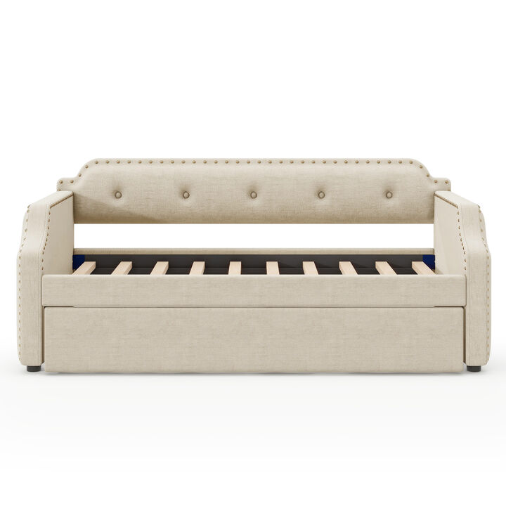 Merax Upholstered Daybed with Trundle, Wood Slat Support,Upholstered Frame Sofa Bed