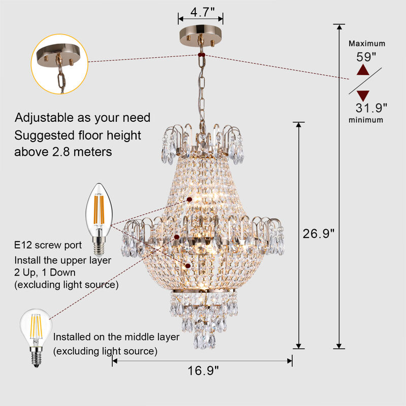 Gold Crystal Chandeliers, Large Contemporary Luxury Ceiling Lighting for Living Room Dining Room Bedroom Hallway