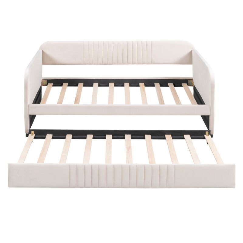 Upholstered Daybed Sofa Bed Twin Size With Trundle Bed and Wood Slat, Beige