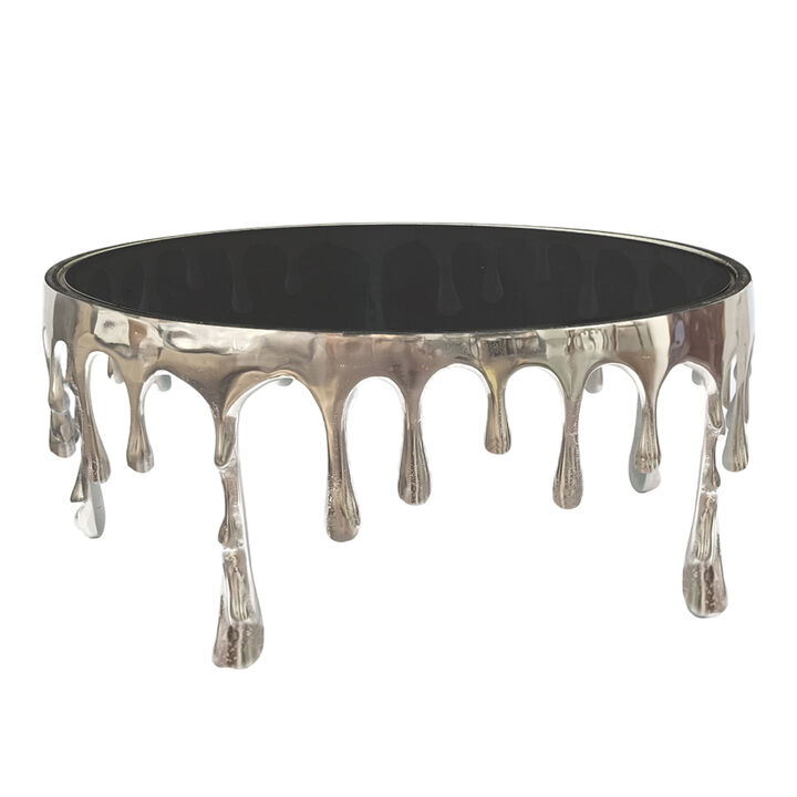 Capri Coffee Table | 36 Inch Round Glass Top | Melting Drip Design | Silver
