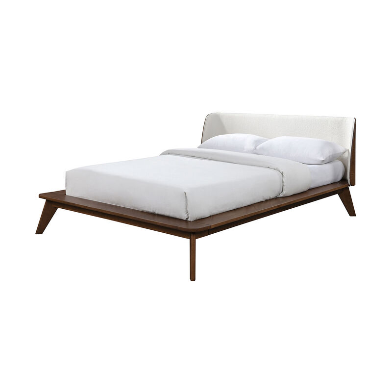 Linzy Queen Bed, Beige Boucle Upholstered Winged Edge, Brown Solid Wood