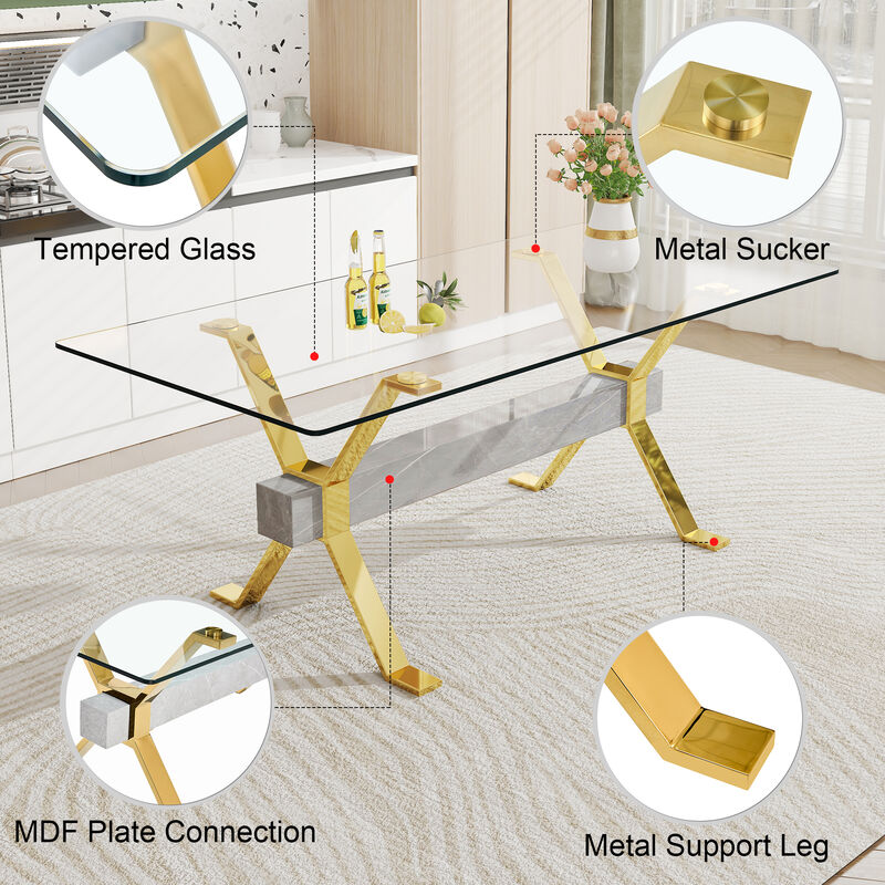 Hivvago Modern Luxury Tempered Glass Table and Gold Plated Dining Chair Set 6 Seater