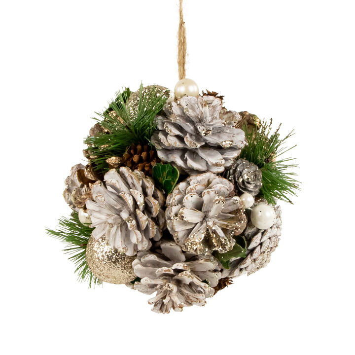 5.5" Glittered Pine Needle and Pinecone Hanging Christmas Ball Ornament