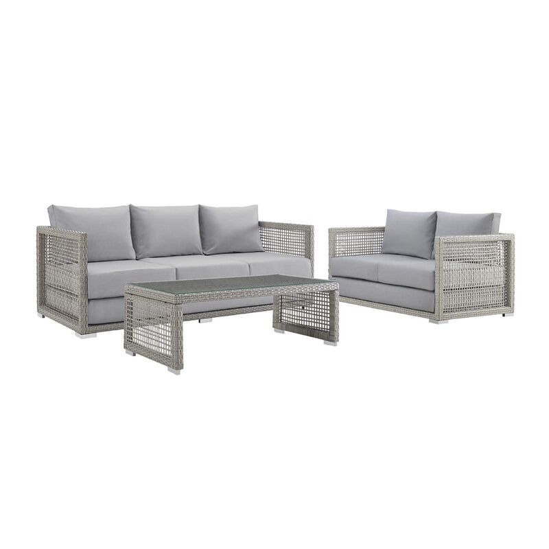 Aura Outdoor Patio Collection - Stylish & Functional Gray Wicker Rattan Set with Aluminum Frame. Includes Coffee Table, Loveseat, and Sofa.