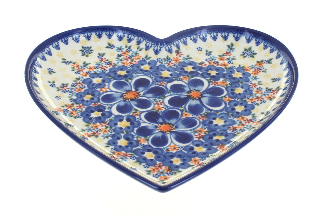 Blue Rose Polish Pottery Winter Cardinal Large Heart Plate