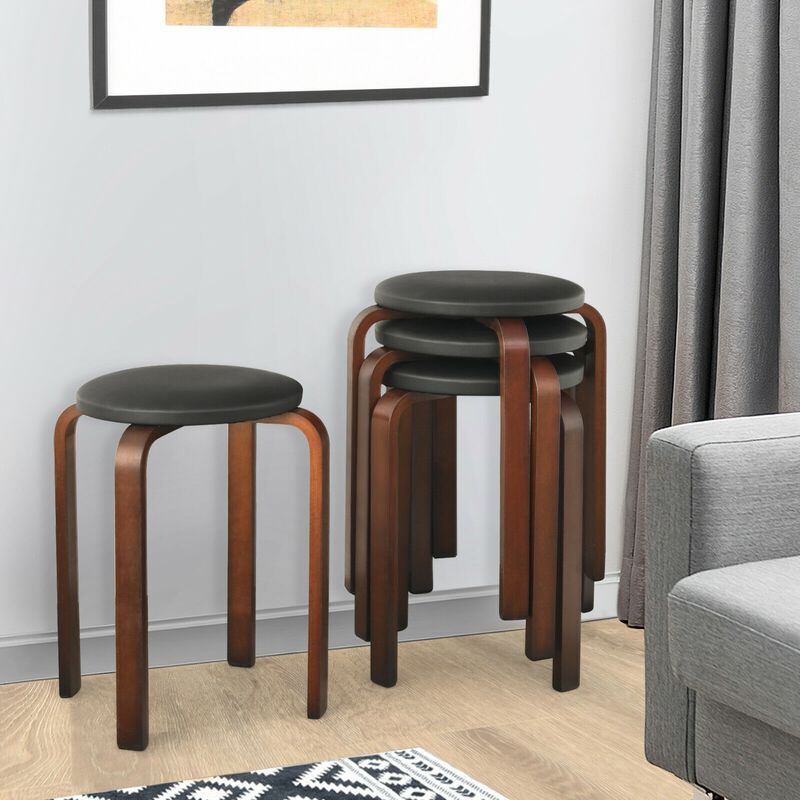 Set of 4 Bentwood Round Stool Stackable Dining Chairs with Padded Seat