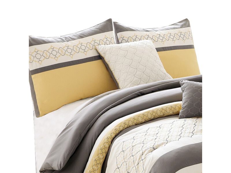 Quatrefoil Print King Size 7 Piece Fabric Comforter Set, Yellow and Gray - Benzara