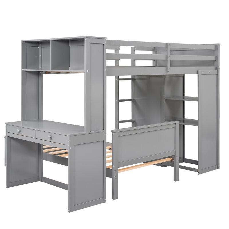 Twin size Loft Bed with a Stand-alone bed, Shelves, Desk, and Wardrobe-White