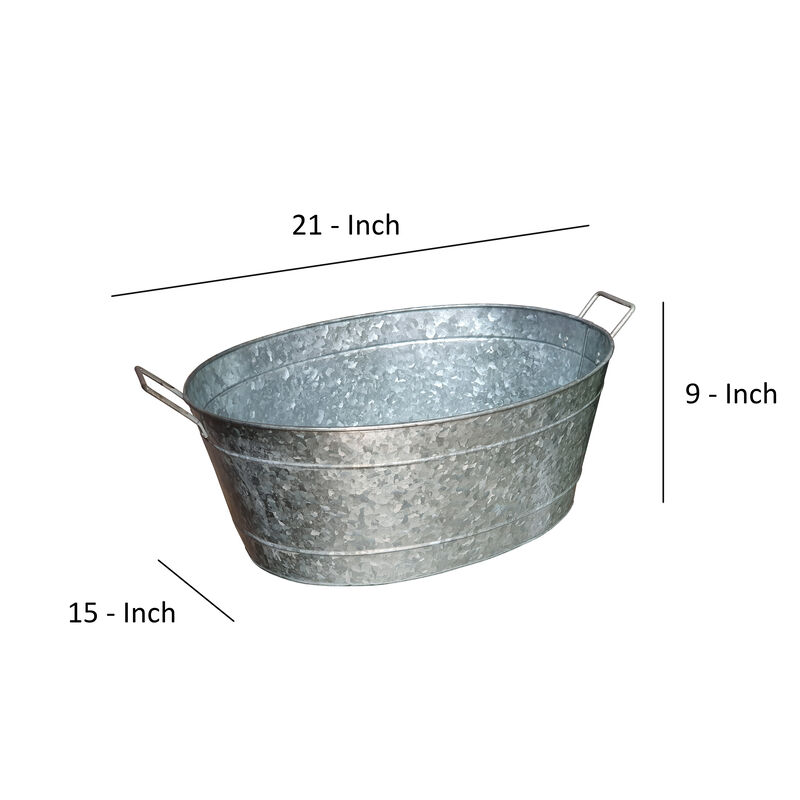 Embossed Design Oval Shape Galvanized Steel Tub with Side Handles, Small, Silver-Benzara